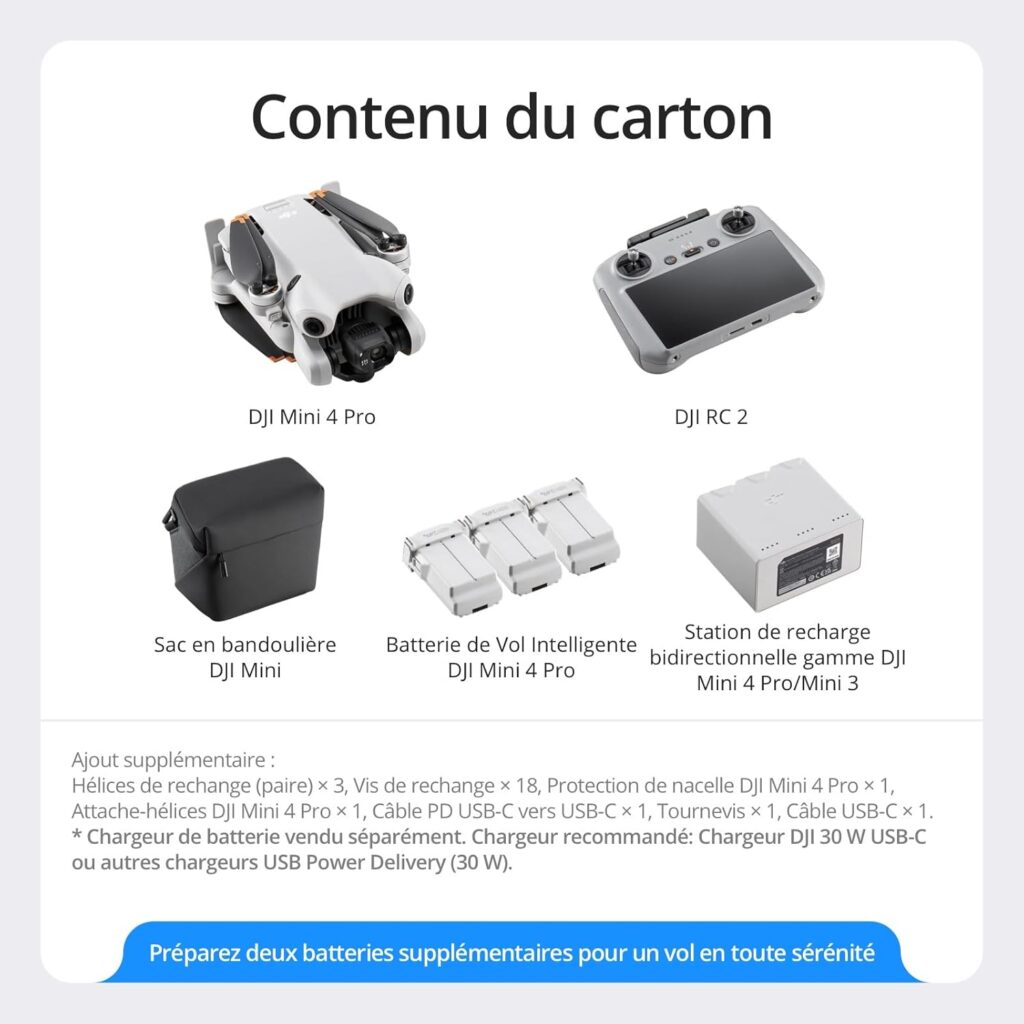 Drone pliable DJI Mini 4K Fly More Combo – Blanc – Autonomie 31 min – Portée +1000 m