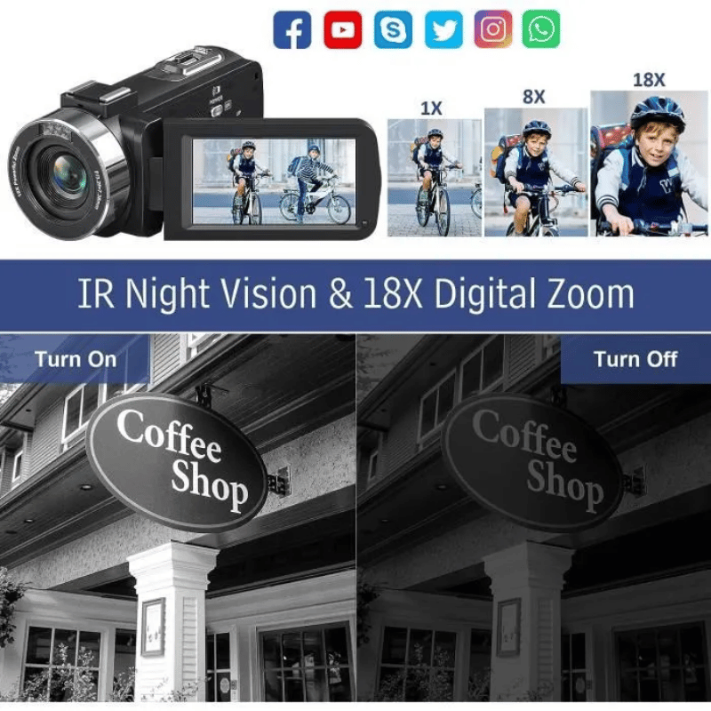 BAZARLAND30.Caméscope 4K Caméra vidéo 48MP 30FPS Vision Nocturne Infrarouge Zoom Numérique 18X