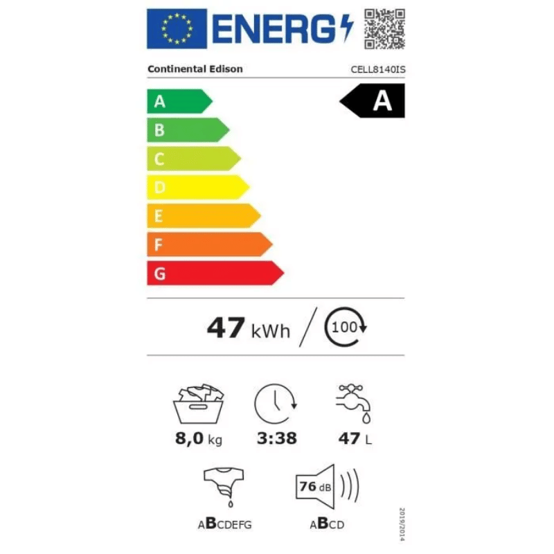 Lave-linge hublot CONTINENTAL EDISON CELL8140IS – 8 kg – Moteur induction – Largeur 60 cm – 1400 trs/min -Silver