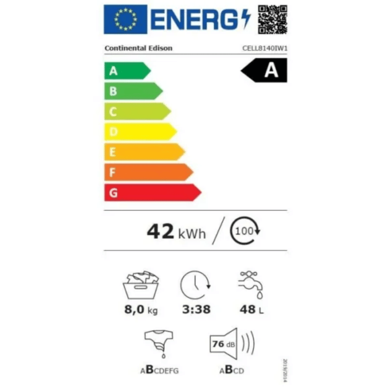 Lave-linge hublot – CONTINENTAL EDISON – CELL8140IW1 – 8kg – Moteur induction – 60 cm – 1400 trs/min – Blanc