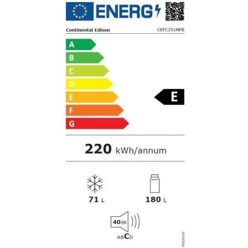 Réfrigérateur congélateur bas CONTINENTAL EDISON – 251L -Total No Frost(Sans givre) – Noir – L 55 cm x H 180 cm