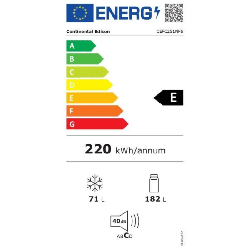 Réfrigérateur congélateur bas CONTINENTAL EDISON CEFC251NFS – Sans givre (congélateur et réfrigérateur) – 253L – Classe E – Inox