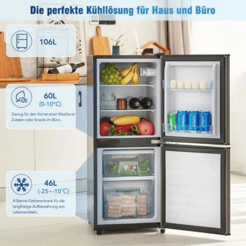 Réfrigérateur bi-zone basse consommation 106L réfrigérateur 60L + congélateur 4 étoiles 46L, 7 réglages de température éclairage