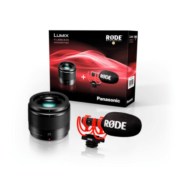 Kit accessoires pour Lumix Micro 4/3 : Objectif à focale fixe Lumix 25 mm F1.7 + Micro Vidéomicro 2 Noir et Rouge